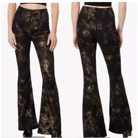 FREE PEOPLE JAYDE PRINTED METALLIC FLARE JEANS BLACK TIE HIGH WAIST DENIM 25*32